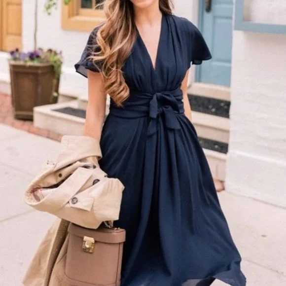 Gal Meets Glam Jane Navy Blue Tie-Waist Fit & Flare Dress Size 14 - Picture 2 of 8